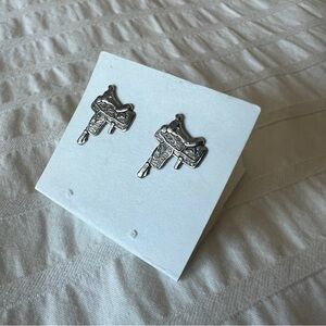 Silver Tone Horse Saddle Post Back Stud Earrings